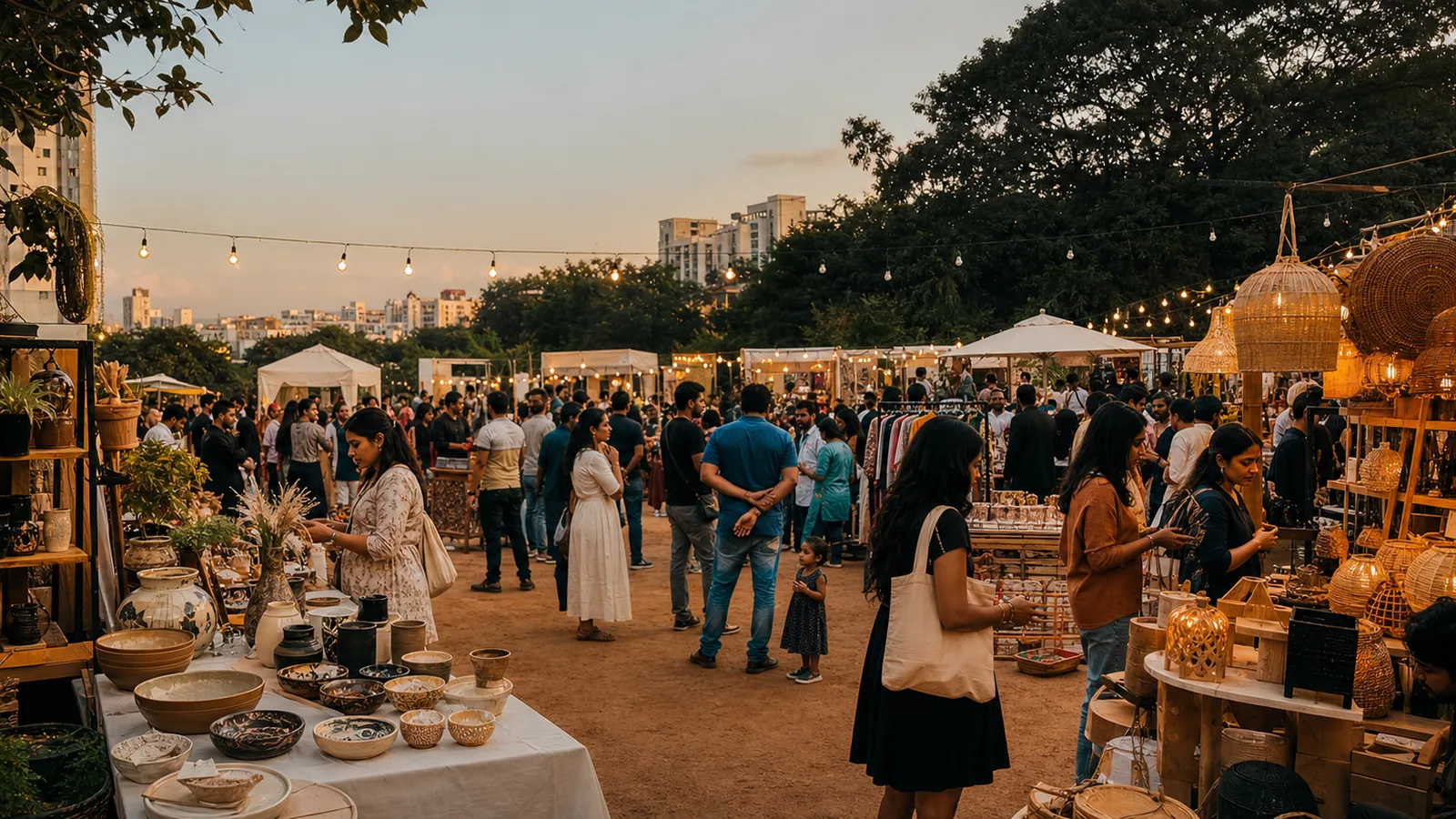 Lively curated flea market with vendor stalls, shoppers and warm event lights